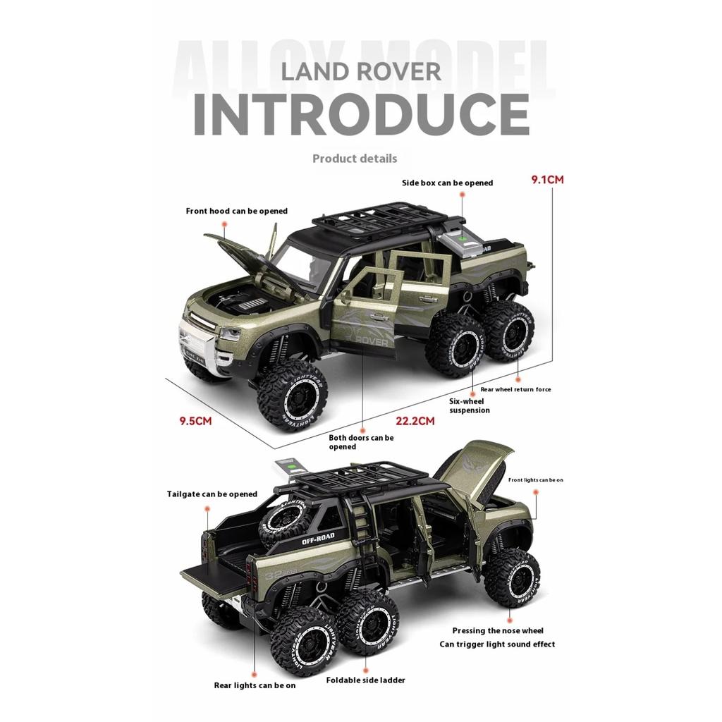 1/24 Land Rover Defender Six-Wheel Off-Road Vehicle Model Simulation Sound Light Children's Game Toy Car Boy Gift