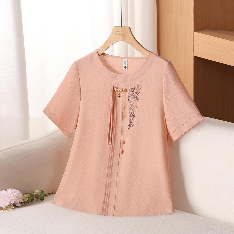 

Embroidered Round Neck Short Sleeve T-Shirt for Women Aged 50-60 2XL (105-120 jin)