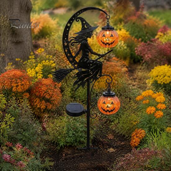 Unique Halloween Yard Lights Solar Powered Witch Pumpkin Ground Stake Light, Metal Broom Moon Party Lawn Decor Statue Outdoor Sculpture for