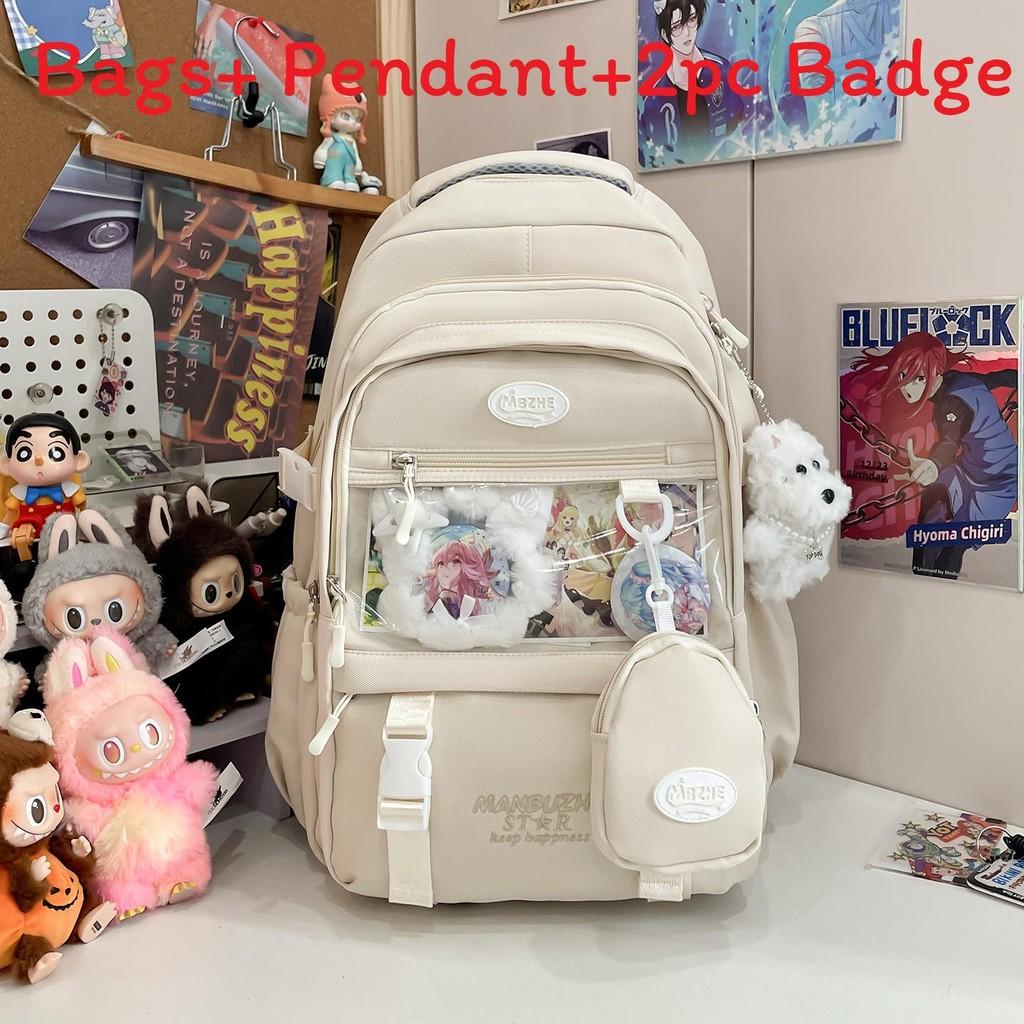 Color Solid Simple Letter Embroidery Student Backpack With Pendant And Badge