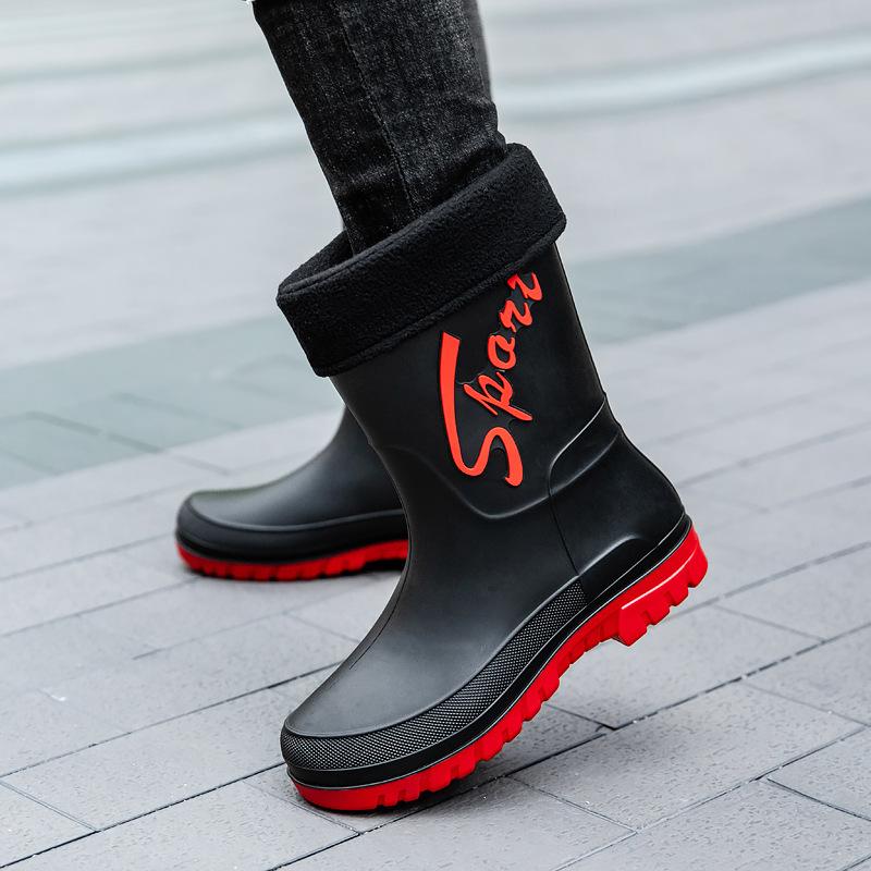 Fashion 2025Mid-calf Rain Boots Men Slip-On Waterproof Rubber Rain Shoes Work Mud Boots Warm Durable Non-Slip Boots Farming Fishing Camp