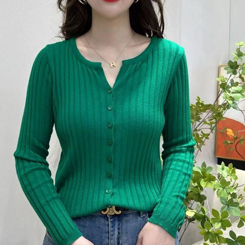 Versatile Korean-Style Ribbed Knit Cardigan - Spring & Autumn Long Sleeve Sweater with Round Neck