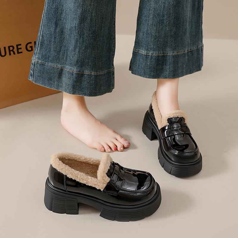 TUINANLE Winter New Plush Lined Loafers Women's Retro Chunky Platform Fluffy Leather Shoes Comfortable & Warm