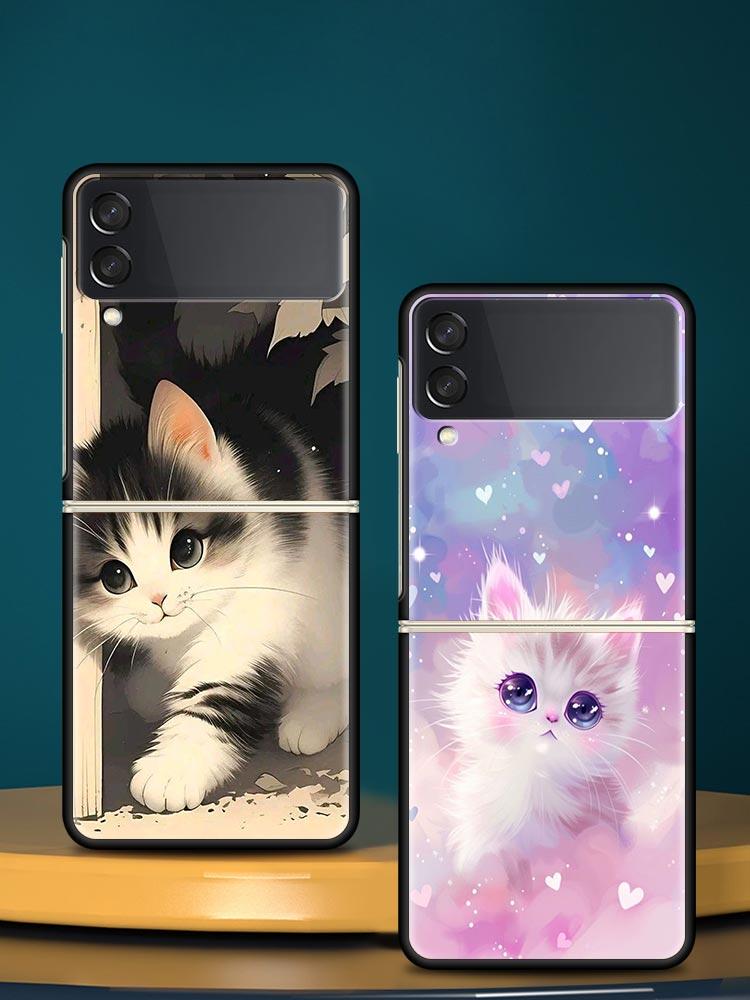 Colorful Cat Design Hard PC Phone Case For Samsung Galaxy Z Flip 7 6 5 4 Black Cover For Galaxy Z Flip 3 Foldable Shell Fundas