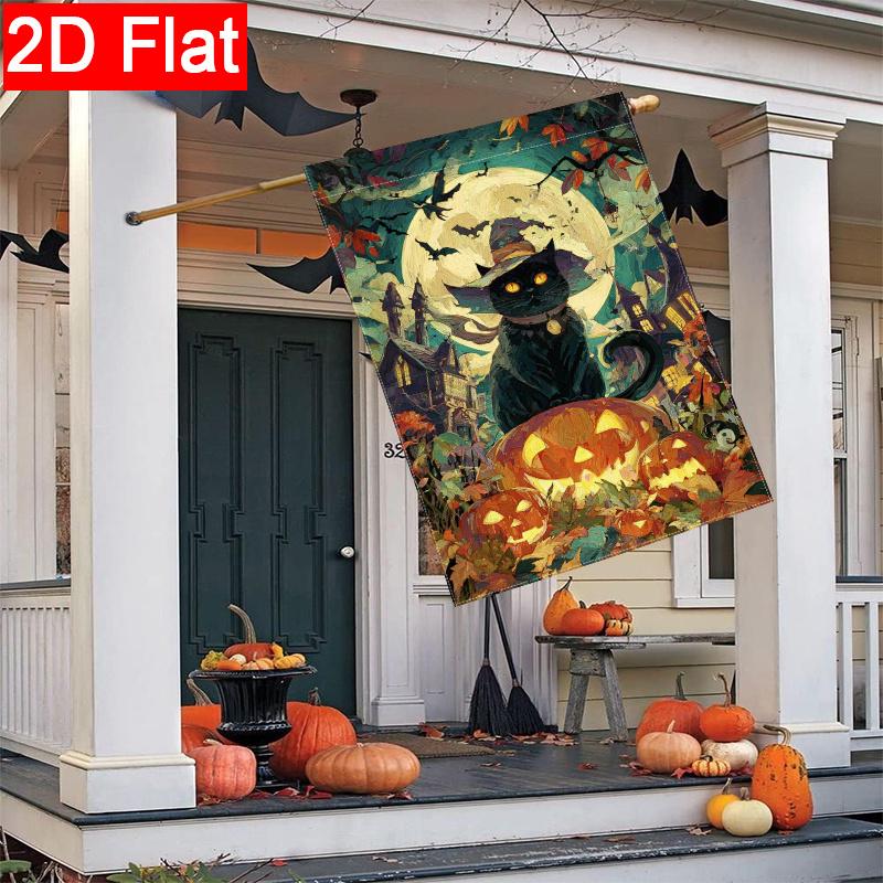 2D Flat - 2D Flat Halloween Black Cat Witch Hat Pumpkin Garden Flag, 2-28X40 Inches Outdoor Garden Flag Double-Sided Home Decoration Courtyard Decorat