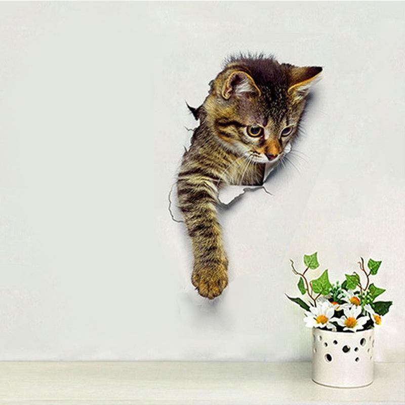 Cute Funny Cats Wall Sticker Hole View Bathroom 3D Toilet Stickers For Home Decoration Animals Decals Self-adhesive Poster