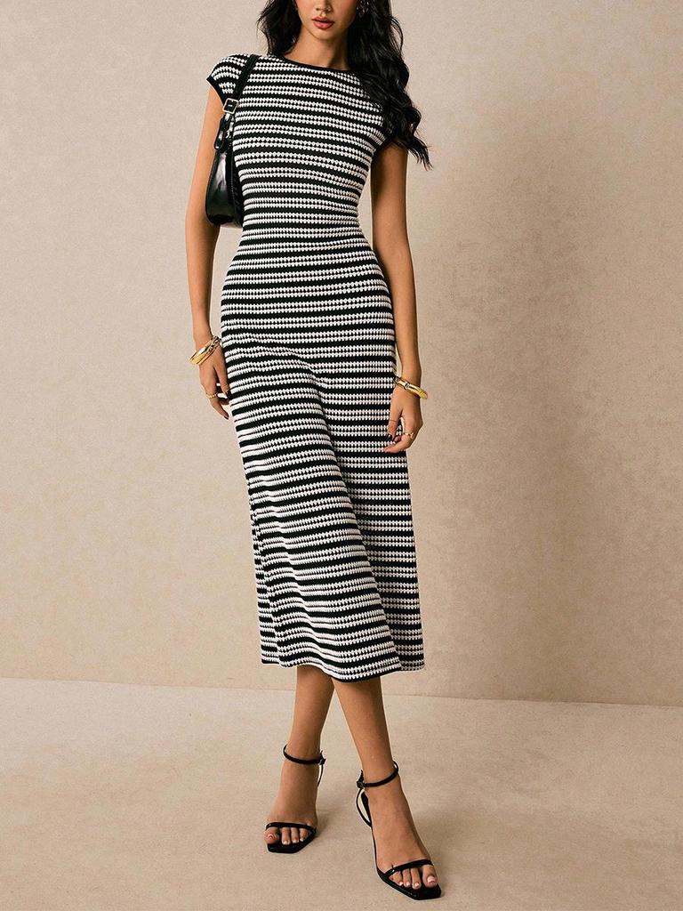 European and American Striped Color-Block Sleeveless Sheath Dress with Cinched Waist, Round Neck, Mid-Length