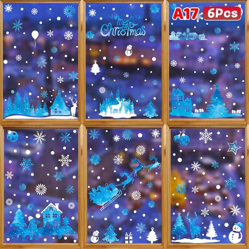 Weihnachtsfensteraufkleber Blauer Elch Statische Aufkleber Schneemann Schneeflocke Wandaufkleber Abziehbilder Frohe Weihnachten Feiertagsparty Aufkleber
