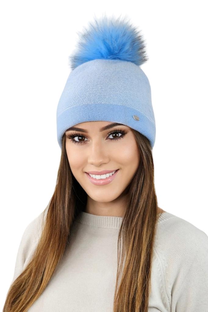 Aloes Warm Pepita Hat with Natural Pompom Finish, Sky Blue