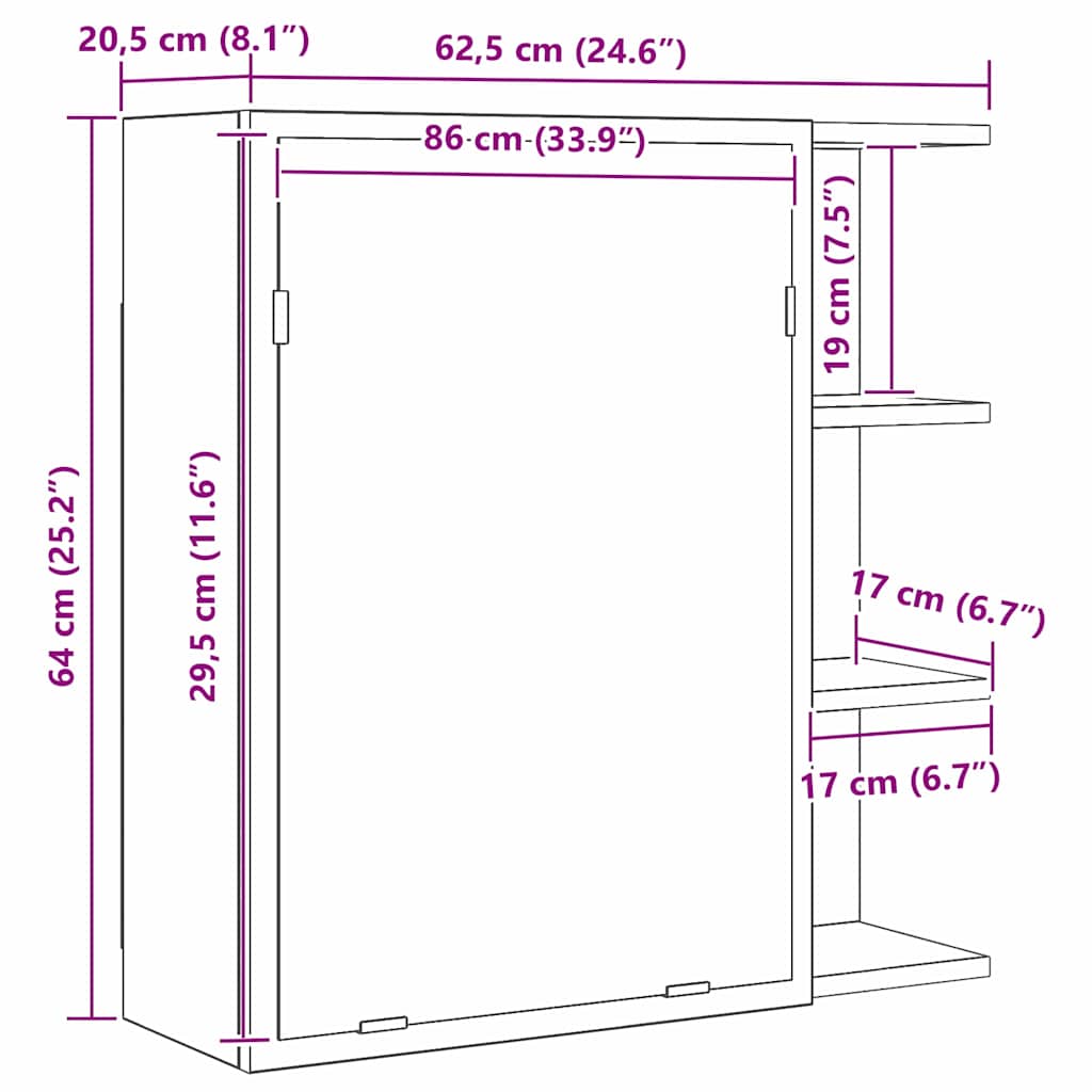 Badezimmerschrank Mit Spiegel Aus Schwarzer Eiche, Wandhängender Aufbewahrungsschrank, Badezimmerspiegel, 62,5 X 20,5 X 64 Cm