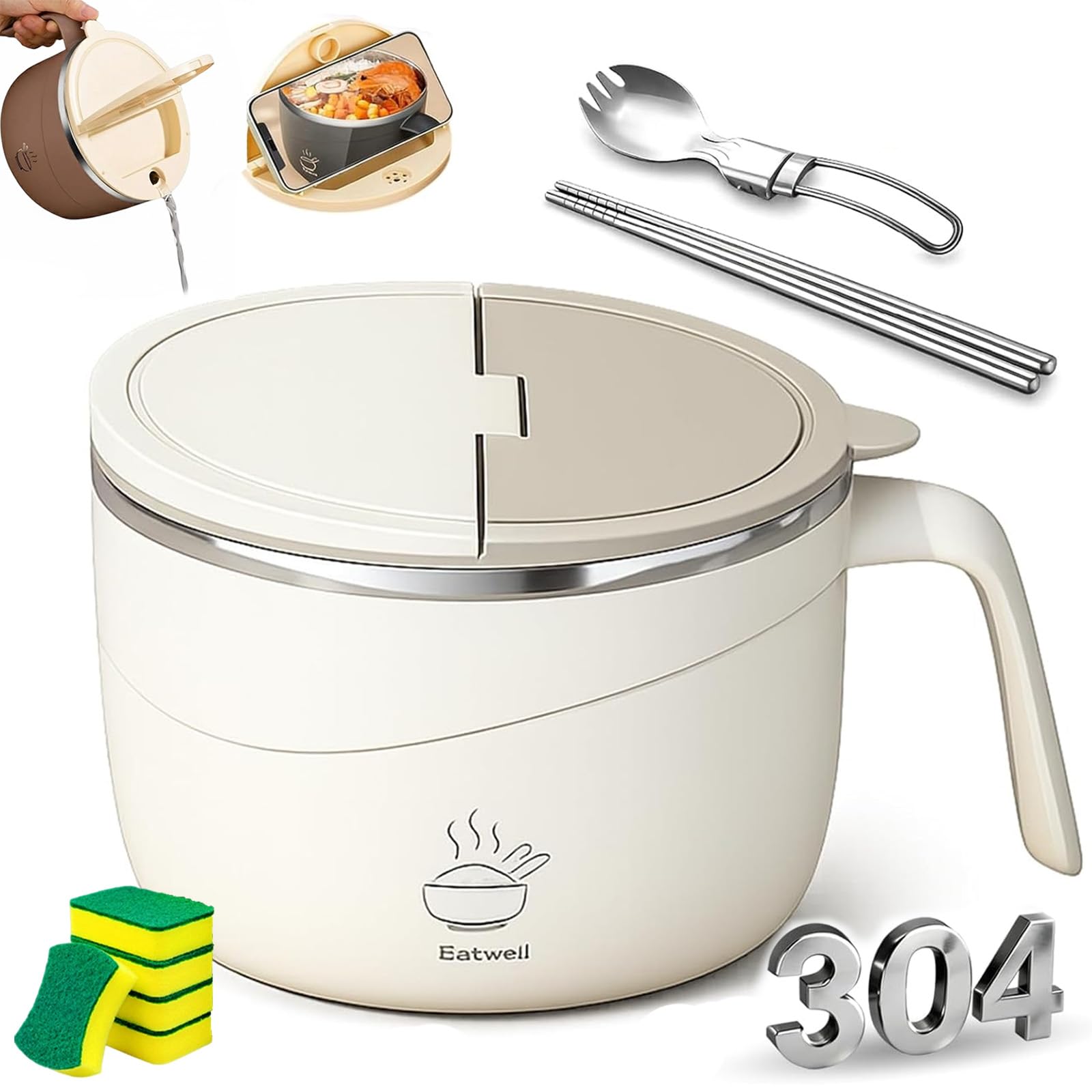 

2026 New Instant Noodle Bowl, 1200ml Stainless Steel Multi-Purpose Anti-Scald Large-Capacity Pasta Bowl, Food-Grade Safe Material, Double-Layer Anti білий