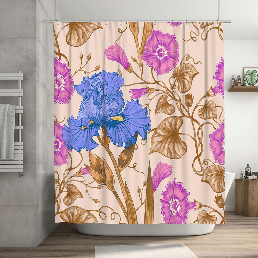 Vibrant Floral Shower Curtain Pink Purple Blue Gold Leaves Decorative Bathtub Waterproof Bath Rug Decoration for Home Bathroom S