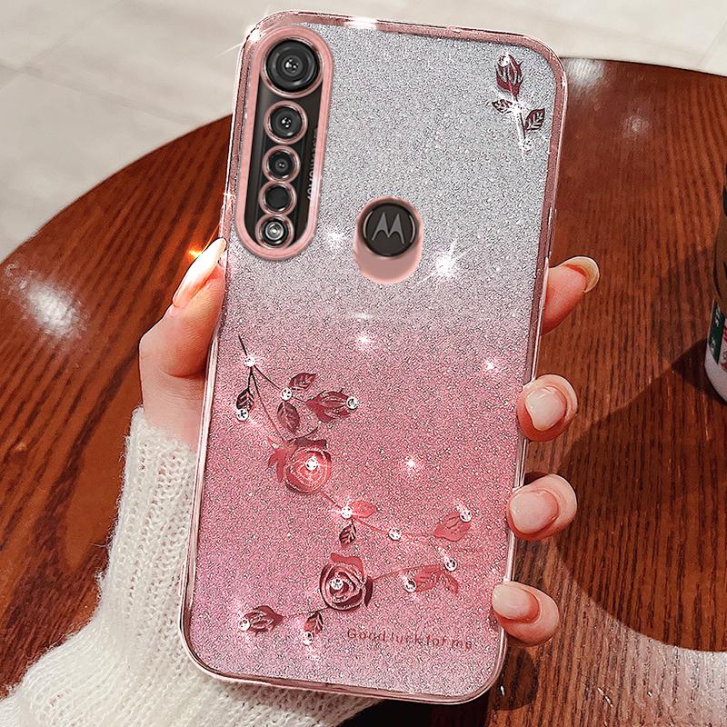 

KADEM For Motorola Moto G8 Plus Case Rhinestone Flower TPU Phone Cover Rose Gold