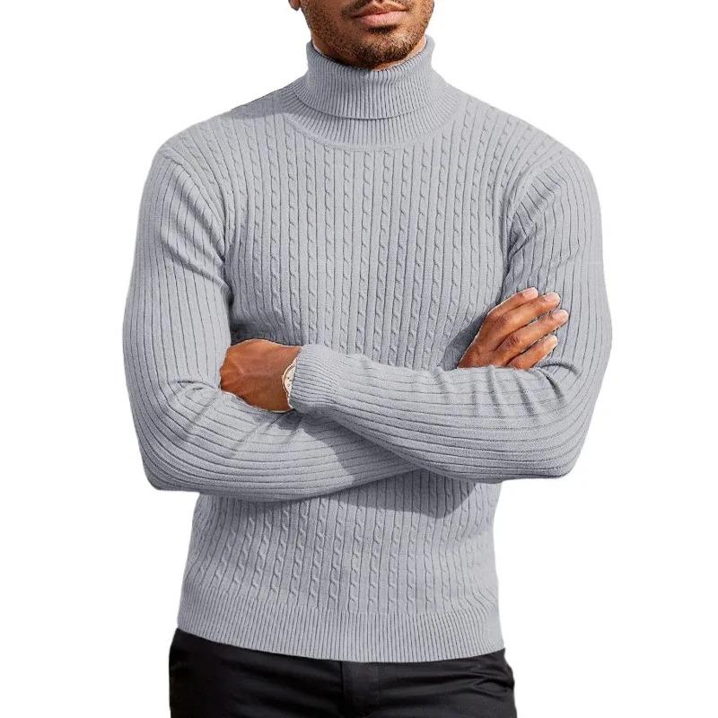 Autumn Winter New Men's Cable Knit Sweater Beige Turtleneck Basic Style Casual Slim Fit Knitwear Male Soft Knitted Pullover