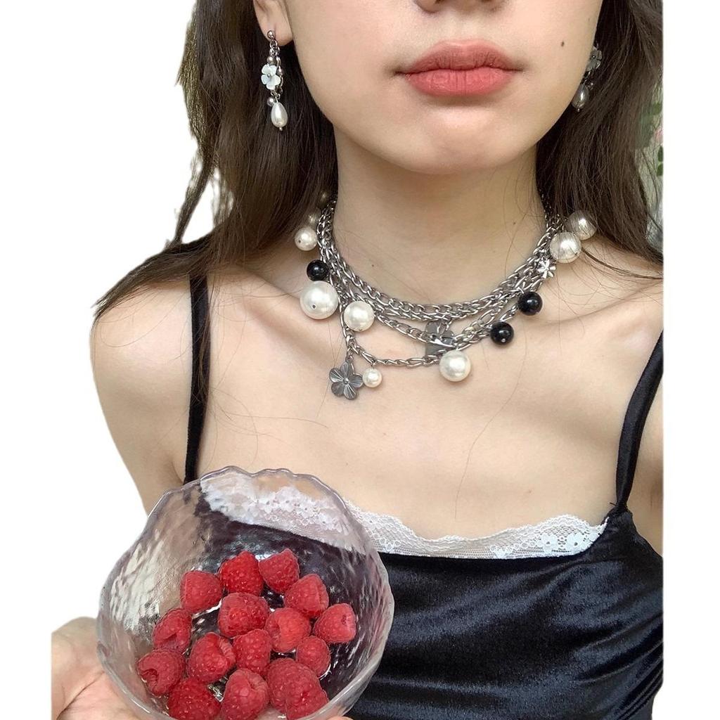 Lux Pearl Necklace Set: Original Shell Pearls, Multi-Layer Black & White Choker for Women