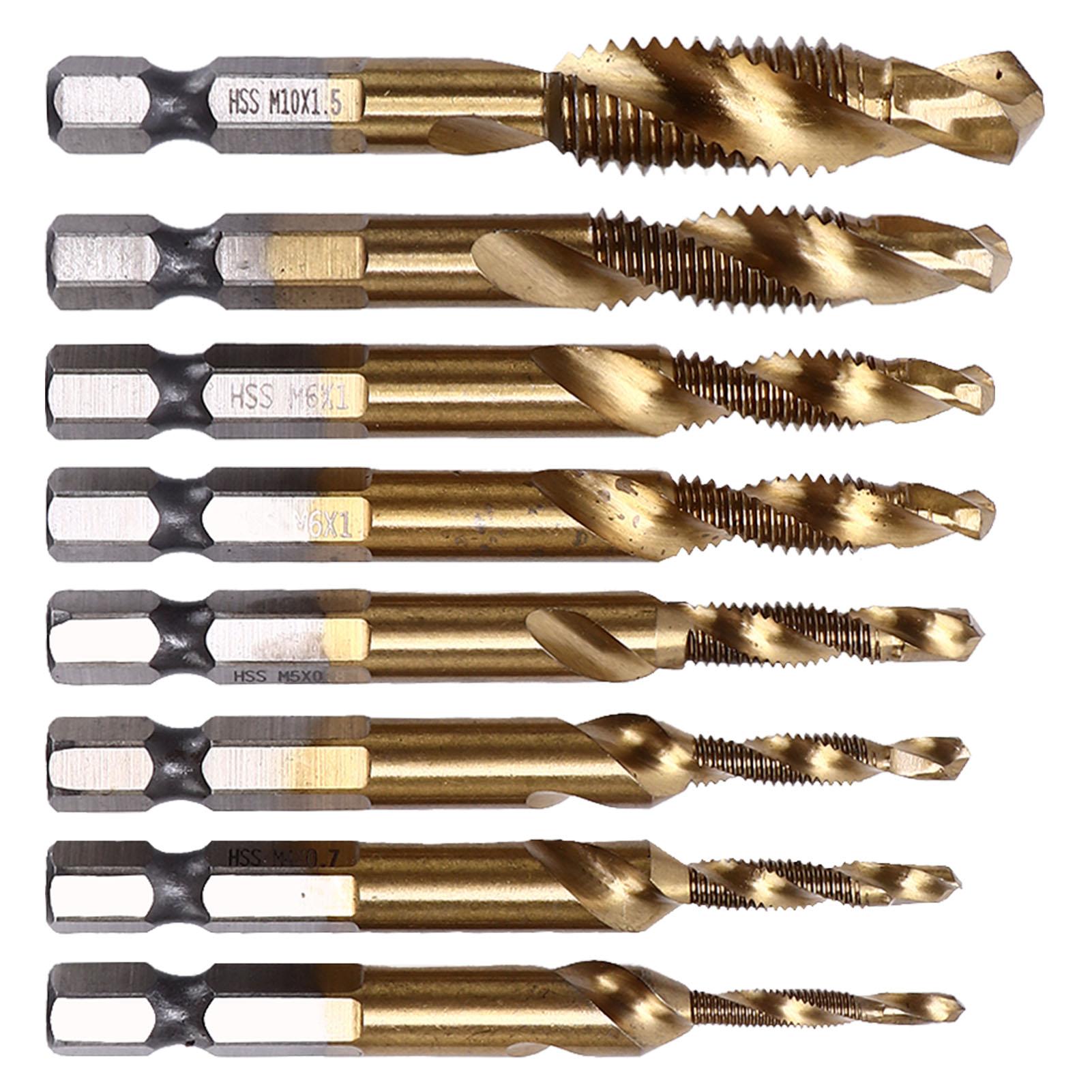 

8Pcs Spiral Flute Tap 14in Hex Shank Combination Screw Tapping Bit Drilling Chamfering Tool