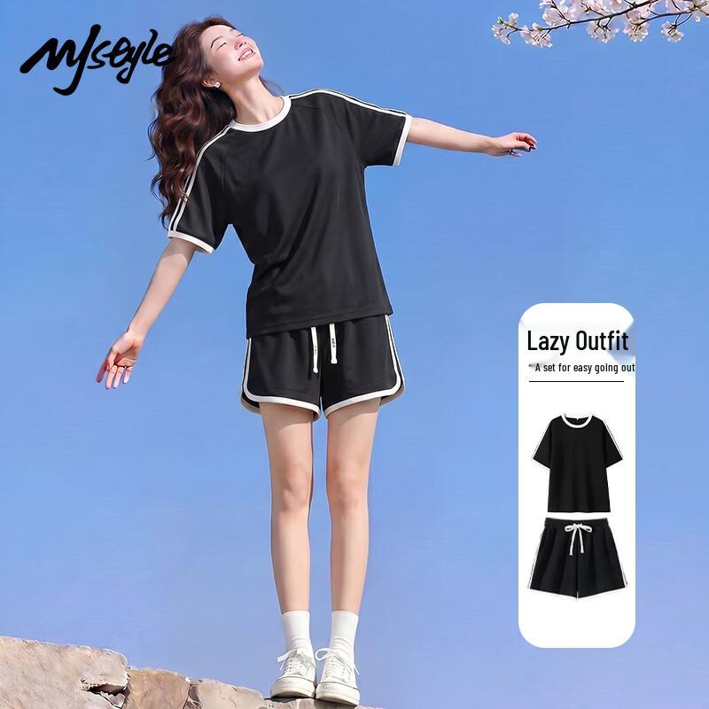MJ STYLE Women s Casual Color-Block Waffle Knit Short Set S чёрный