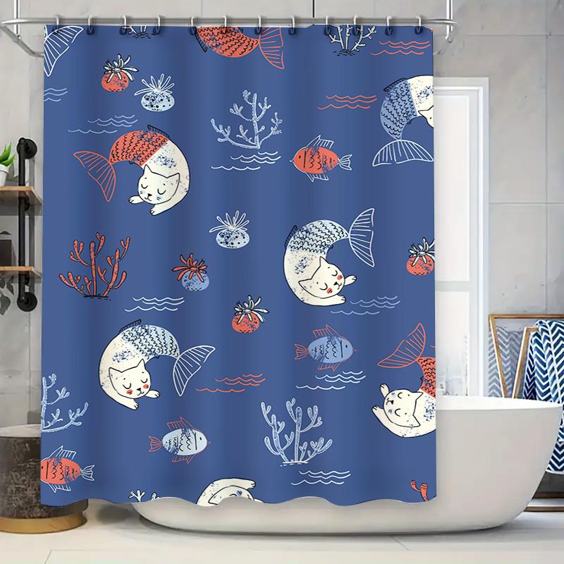 

Whimsical Fish Cat Shower Curtain Blue Mermaid Bath Mat Decorative Waterproof Fabric With Coral Sea Life Print For Kids Bathroom W60H190(CM)-1 Pcs
