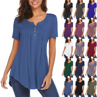 Plus Size Women Tunic Tops Casual Loose Short Sleeve Pleated Button Summer T Shirts For Women