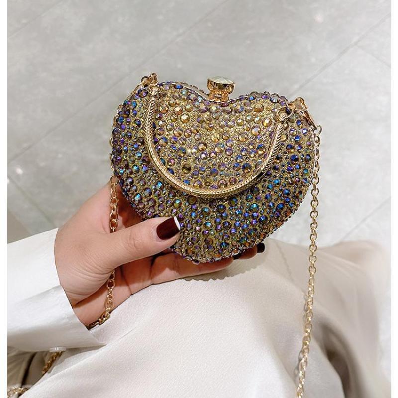 1 Piece Rhinestone Mini Handbags Luxury Diamond Inlay Heart Shape Crystal Clutch Purse Evening Wedding Party Shoulder Bag