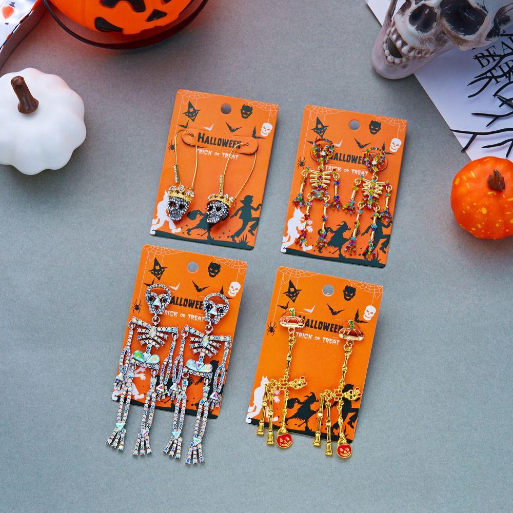 Crystal Pumpkin Ear Studs Zircon Long Tassel Drop Earrings Punk Halloween Skull Earrings  Party