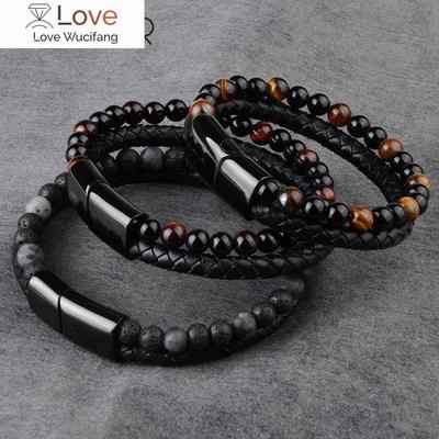 Natural Stone Bracelets Genuine Leather Braided Bracelet Black Stainless Steel Magnetic Clasp Tiger Eye Bead Bangles Men Jewelry
