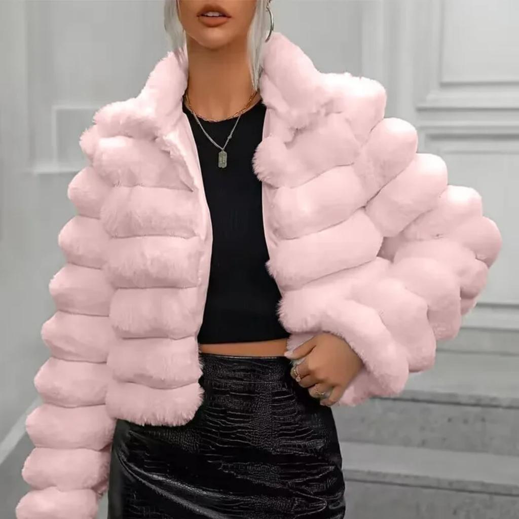 VAYLA Faux Fur Women Coats Stand Collar Full Sleeve Short Coat Thick Warm Solid Temperament Elegant Splice Autumn Winter