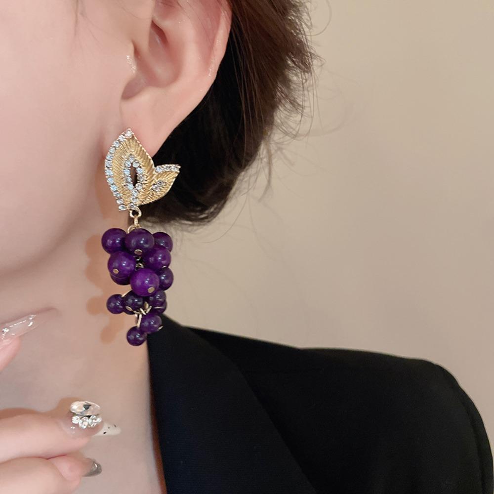 Imitation Fruit Purple Beaded Earrings Light Luxury Vintage Earrings Grape Stud Earrings  Party