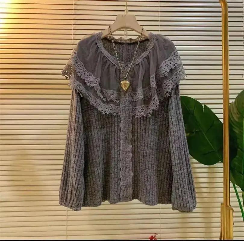 

Женский весенне-осенний топ свободного кроя с кружевной вставкой и оборками на шее, скрывающий недостатки фигуры, повседневный топ с длинным рукавом 2XL серый