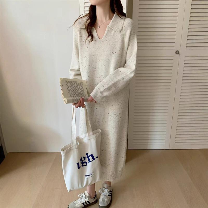 Long with coat knitted dress autumn and winter new loose lazy collar bottom with sweater skirt top