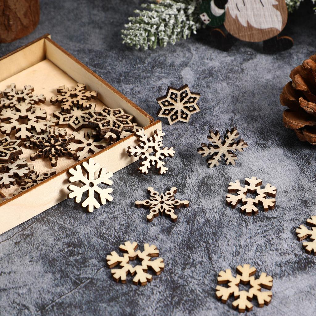 50Pcs Christmas Snowflake Wooden Cutouts Assorted Designs DIY Craft Embellishments Decorations for Party Tree Window Wall