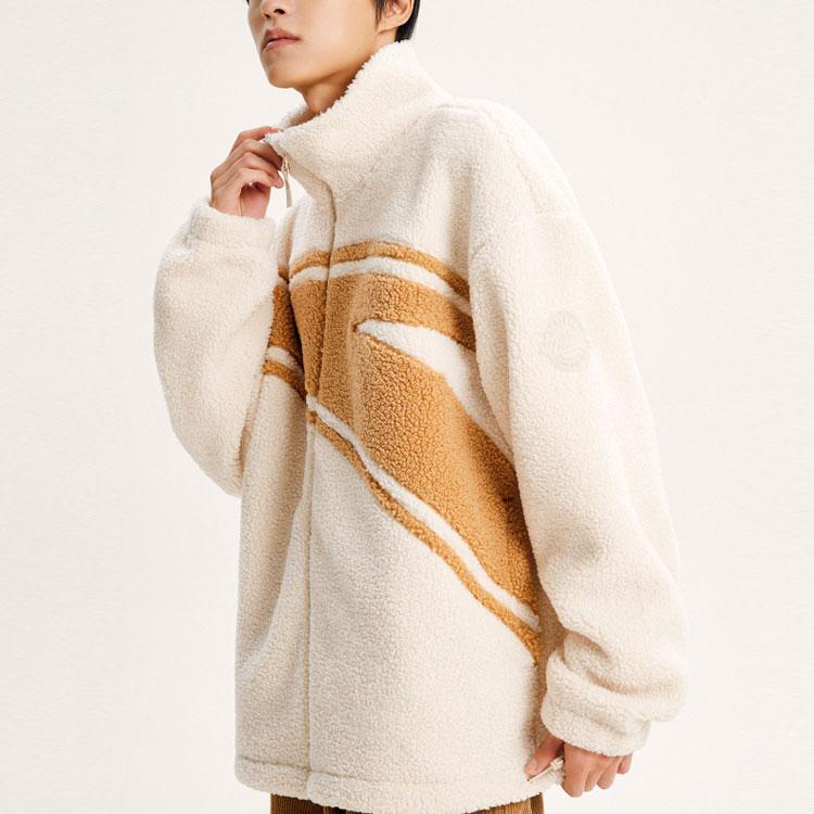 Anta Lifestyle Series Solid Color Large Logo Zipper Stand Collar Thick Lamb Fleece Jacket Unisex Jackets Cream 972348708-1