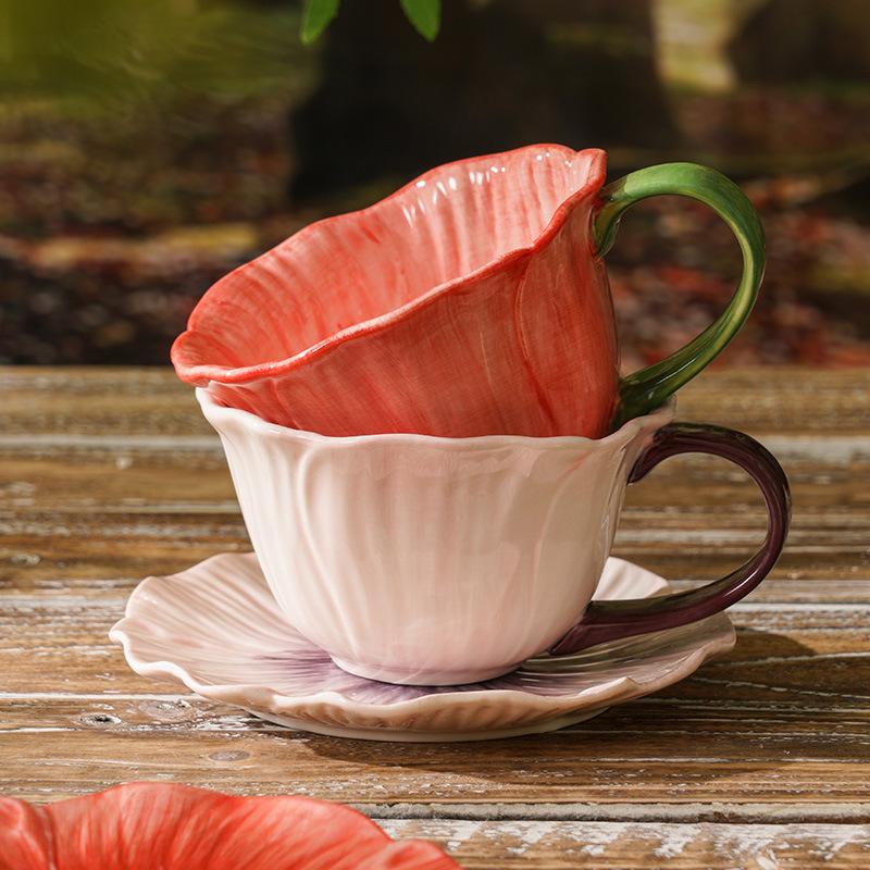 300ML European Ceramic Coffee Cup Saucer Flower Shape Mug Delicate Flower Afternoon Tea Flower Tea Coffee Cup Breakfast Milk Mug