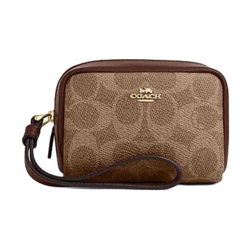 

COACH 11 Brand logo metal zipper closure, artificial leather and recycled leather, wrist bag, clutch, mini, women s, tan and brown золотий