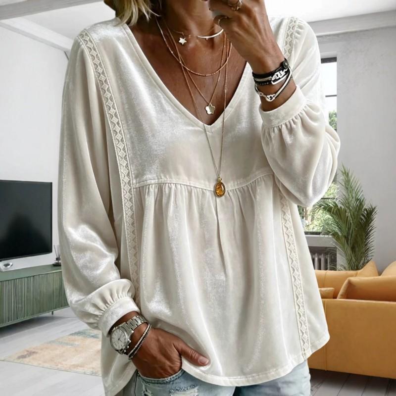 Womens V-Neck Velvet Loose Long Sleeve Top - Soft Casual Shirt In Solid Colors 2026