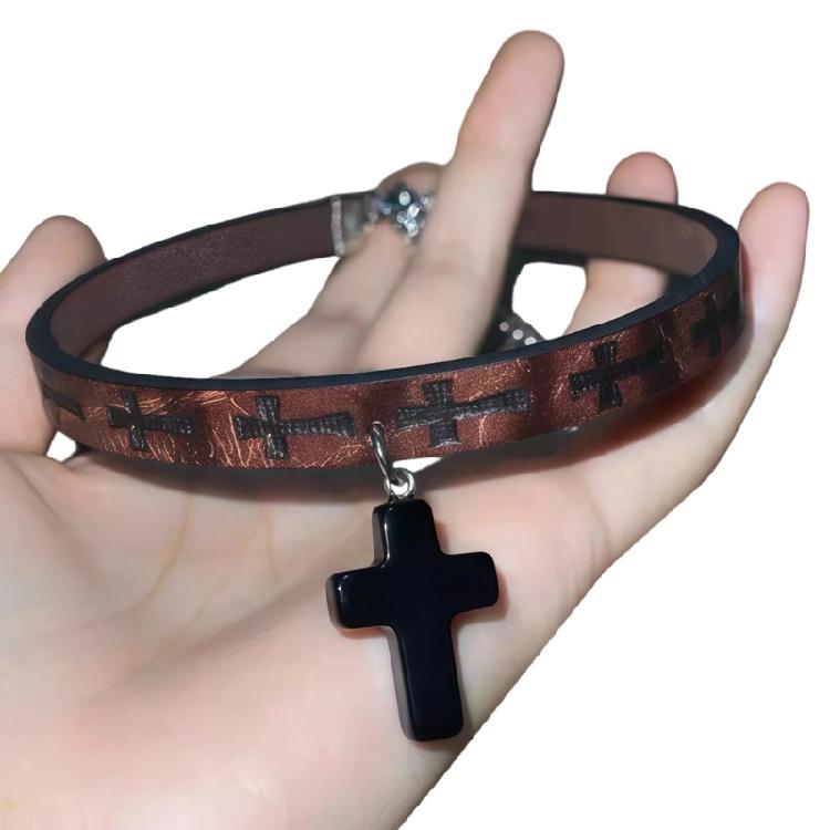 Unisex Crosses Leather Chokers Necklace Versatile Length Design Rocker Metal Leather Chokers For Casual Grunge Outfits 1