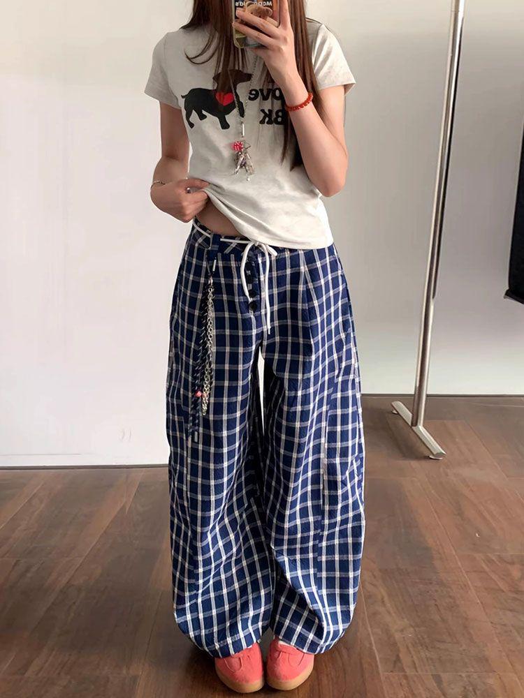 2026 Summer Women's Plaid Patchwork Scalloped Pants
