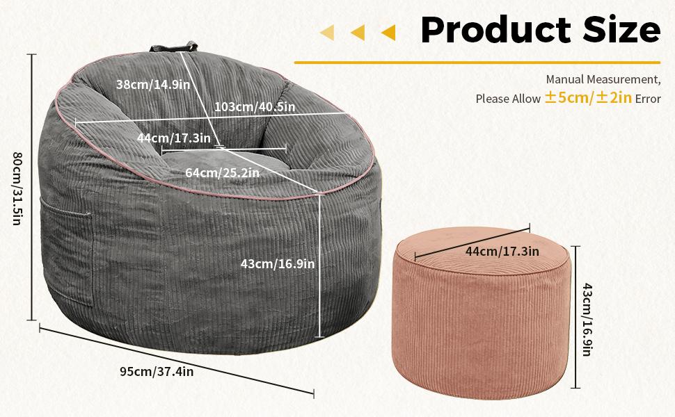 Ergonomic Curved Bean Bag Chair with Detachable Storage Pocket and Matching Cylindrical Ottoman for Modern Home Comfort