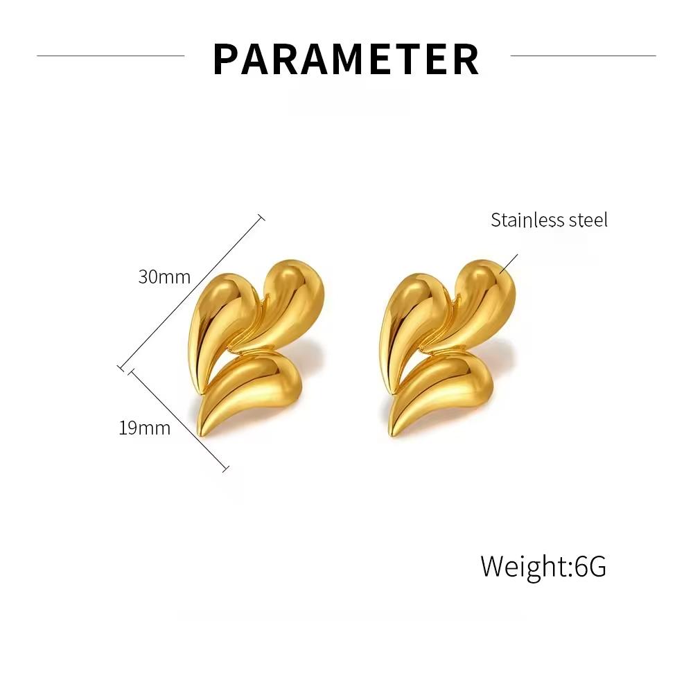 Vintage Fashion Chunky Jewelry 18K Gold Stainless Steel Square Striped Leaf Heart Stud Earrings for Women