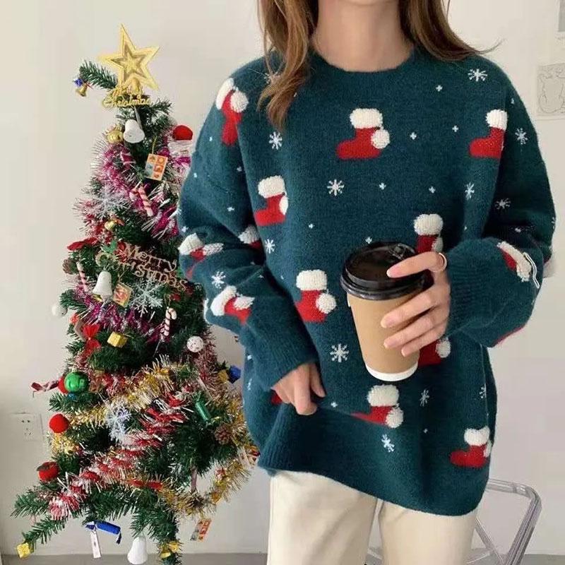 Schneeflocke Christma O-Ausschnitt Pullover Damenmode Langarm Herbst Winter Socken Print Strickpullover Chic Lady Jumper