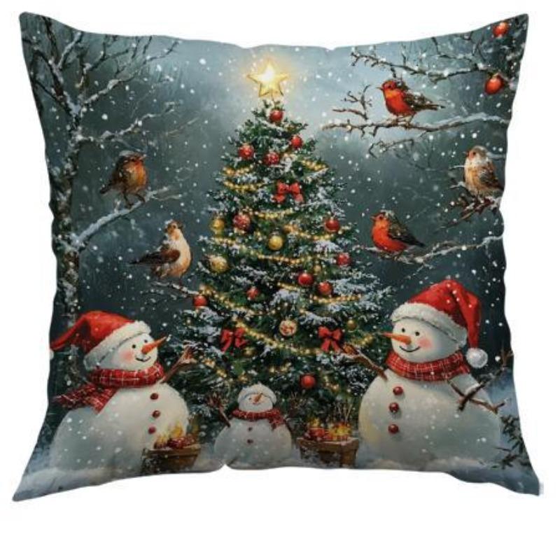 Christmas Theme Sofa Pillow Cover Snowman Print Cushion Cover Polyester Pillow Cover Car Cushion Cover