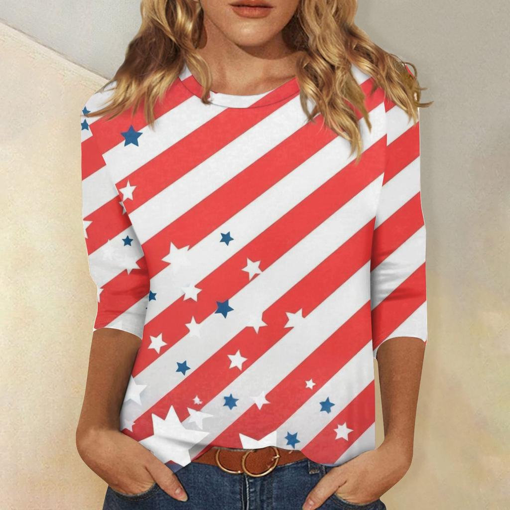 Women's Fashion Casual Round Neck 3/4 Sleeve Loose T-Shirt Ladies Top