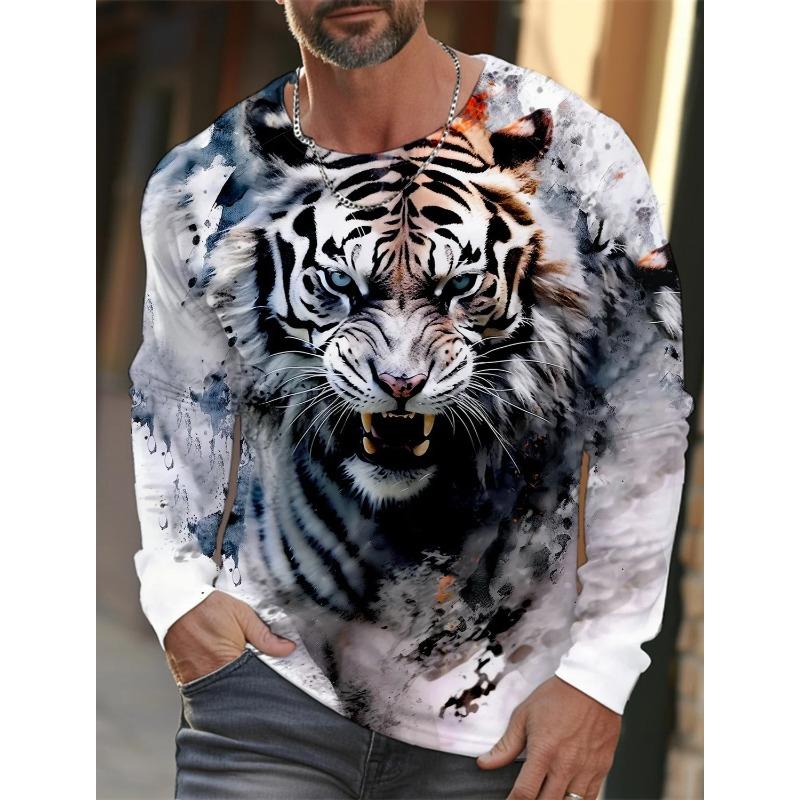 Spring and Autumn Round Neck Tiger Pattern 3D Printed Top Fashionable Casual Long Sleeved Men's T-shirts