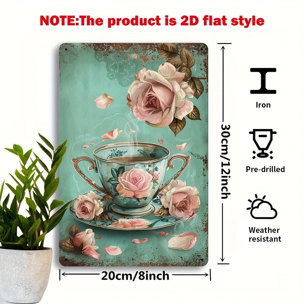 2D Flat, Vintage Tea Party Aesthetic Wall Art - 2D Flat Printed Metal Tin Sign, 8x12 Inches, Rustic Teapot & Roses Design for Ca