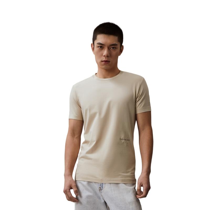 Calvin Klein Solid Color Round Neck Slim Fit Short Sleeve T-Shirt Men Tops Light-Khaki J324127-ACI
