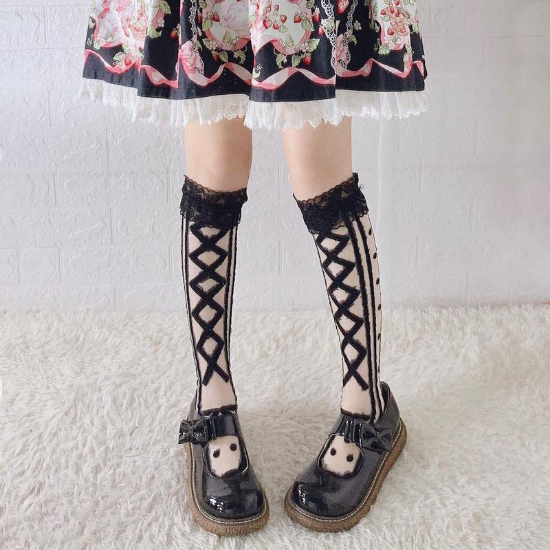 Japanese Style Sweet Calf Glass Silk Socks Spring Summer Cute Lace Ruffle White Knee High Socks Thin