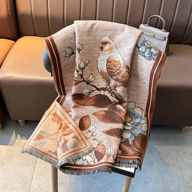 Retro bird flower shawl women's autumn and winter travel versatile multi-functional warm scarf double-sided scarf