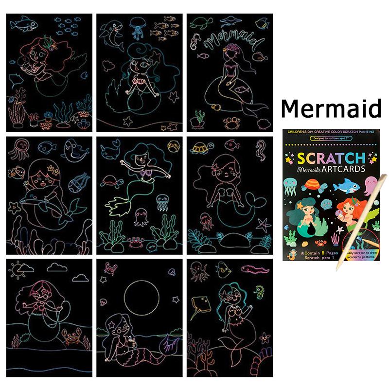 1Set Cartoon Scratching Paper Rainbow Magic Scratch Drawing Graffiti Card Kit Painting Teaching Tools School Artclass Supply ZYF