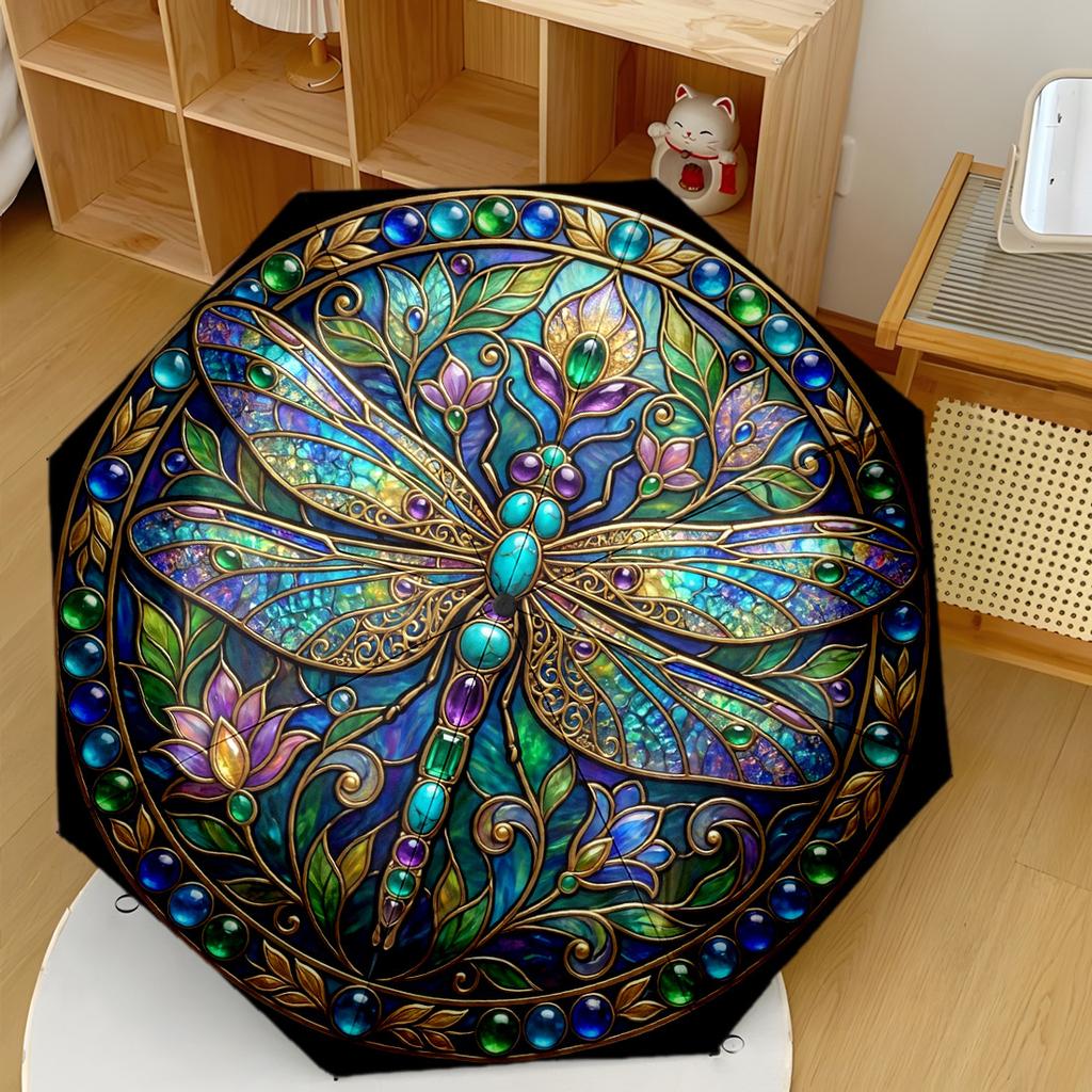 Dragonfly Stained Glass Art Portable Automatic Umbrella With 8Rib Sturdy Construction For Outdoor Daily Use Fashion Lovers Stylish Gift For Woment99