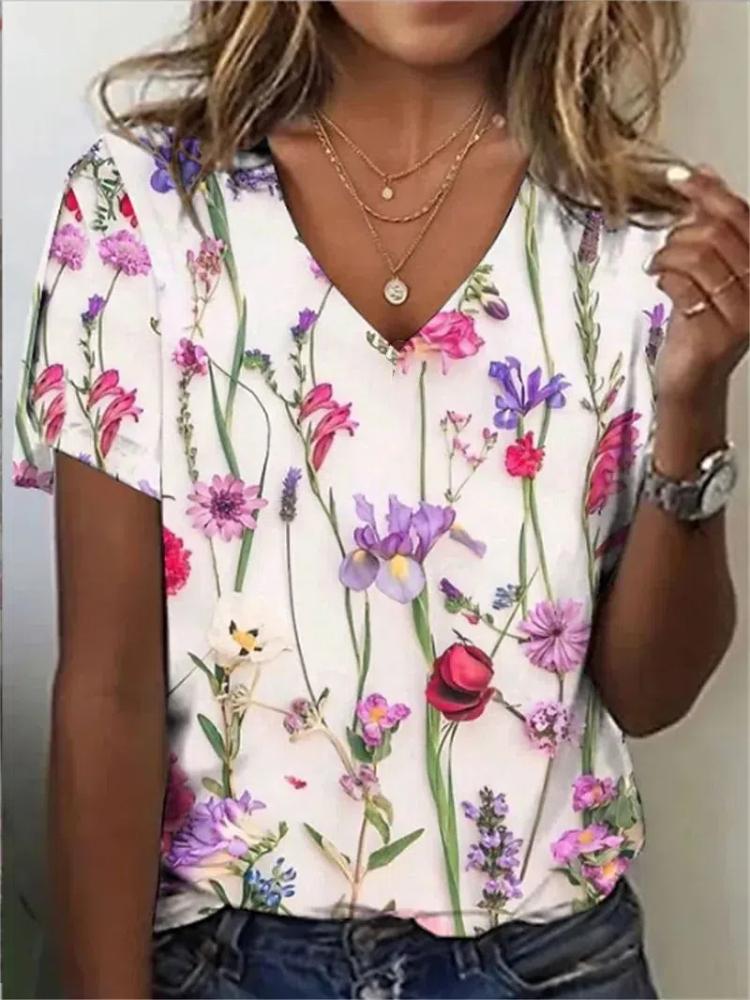 Summer Harajuku Women'S T-Shirt 3d Flowers Print Clothing V-Neck Short Sleeve Tops Fashion Ladies Pullover Oversized Female Tees